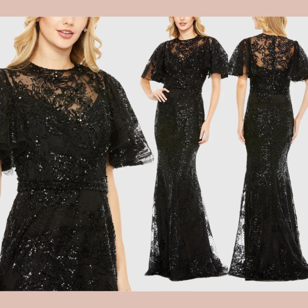 NWT $898 Mac Duggal [ 14 ] 20438 Embellished Flutter Sleeve High Neck Gown Black